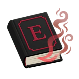 Eros Fable icon: a crimson-trimmed black leather book with a glowing crimson epsilon